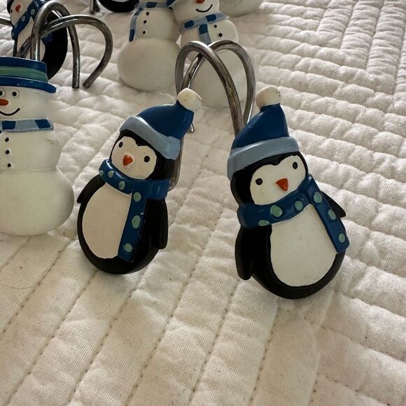 Holiday Shower Curtain Hooks Penguins Snowmen Set of 12 - Picture 3 of 8